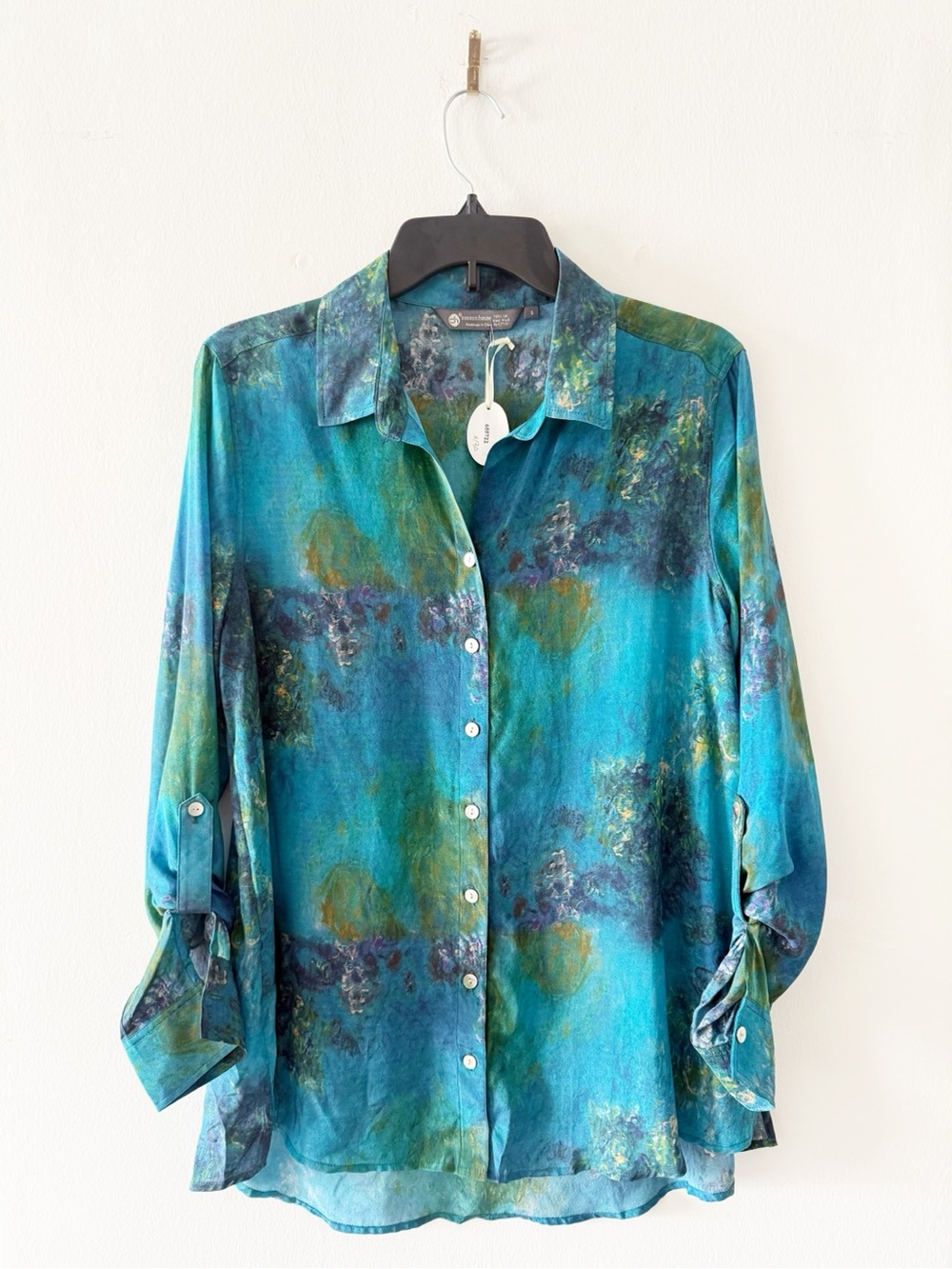 NEW Cocoon House Silk Blue & Green Watercolor Print Button Down Blouse Small
